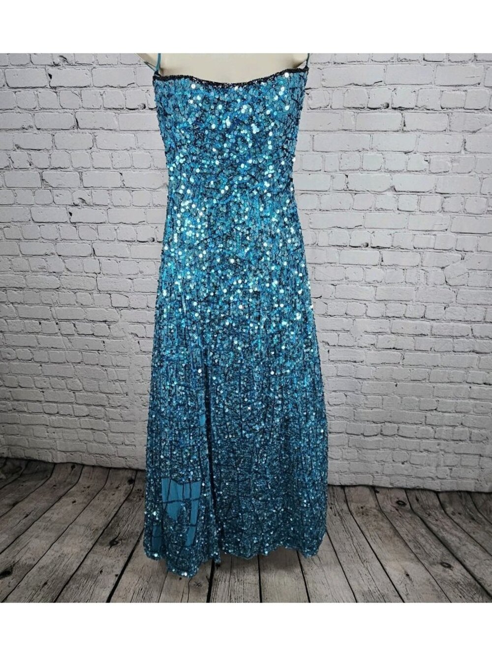 VTG Precious Formals Blue 100% Silk Sequin Beaded Strapless Maxi Dress Small S
